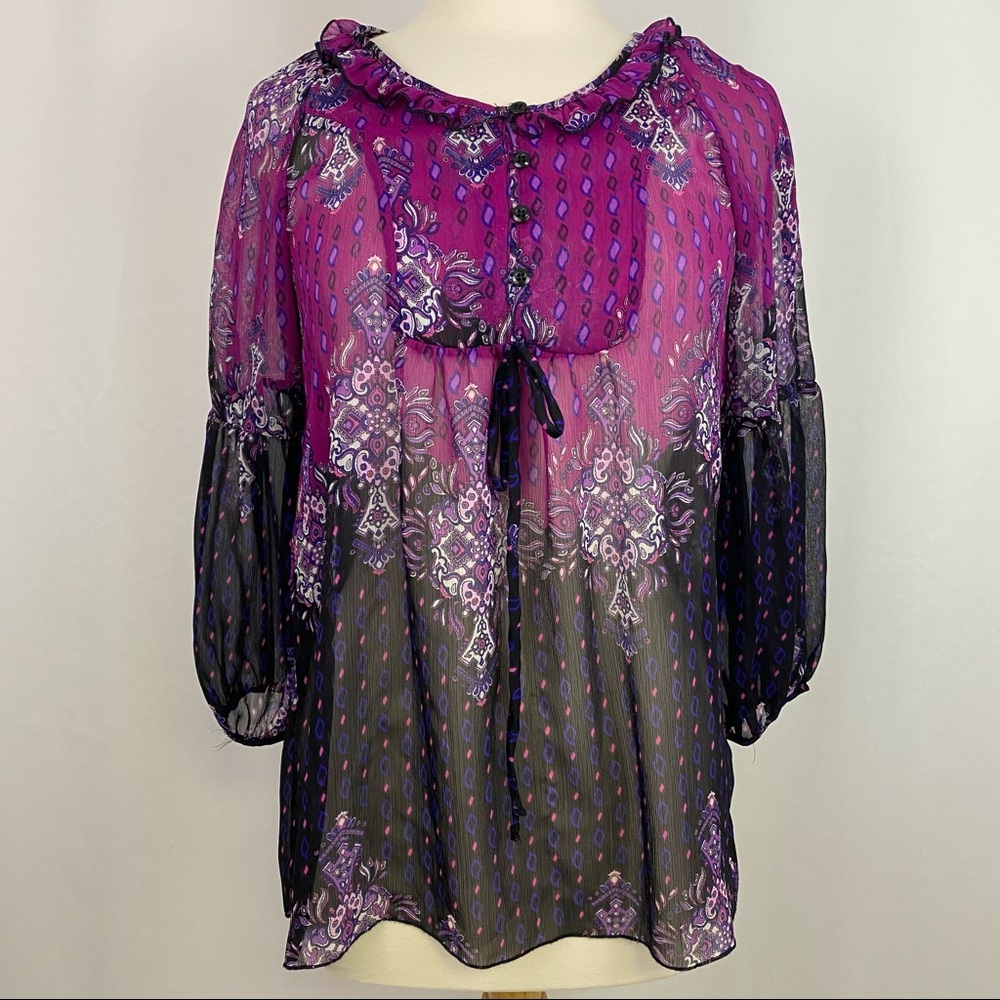 Luna Chix Purple Top Peasant Shirt Chiffon Sheer